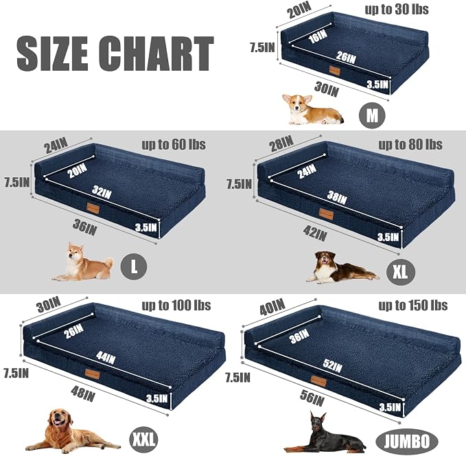 Patas Lague Orthopedic Large Dog Bed Washable Pet Sofa Bed 36X24 Navy Blue | 2-Sided Bolster Egg-Crate Foam Dog Couch Large Sized Dogs, Waterproof Removable Washable Cover, Nonskid Bottom Pet Crate Mat