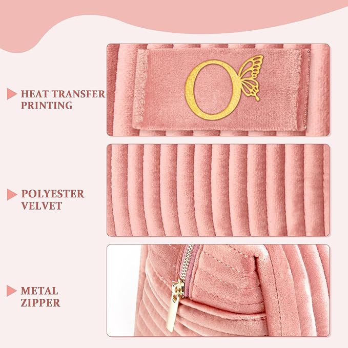 COSHAYSOO Travel Makeup Bag Quilted Make Up Pouch Initial Velvet Cosmetic Case with Butterfly Decor for Young Women 18 19 20 21 22 23 24 25 26 27 28 29 30 40 50 Year Old Birthday Gifts Pink Letter O