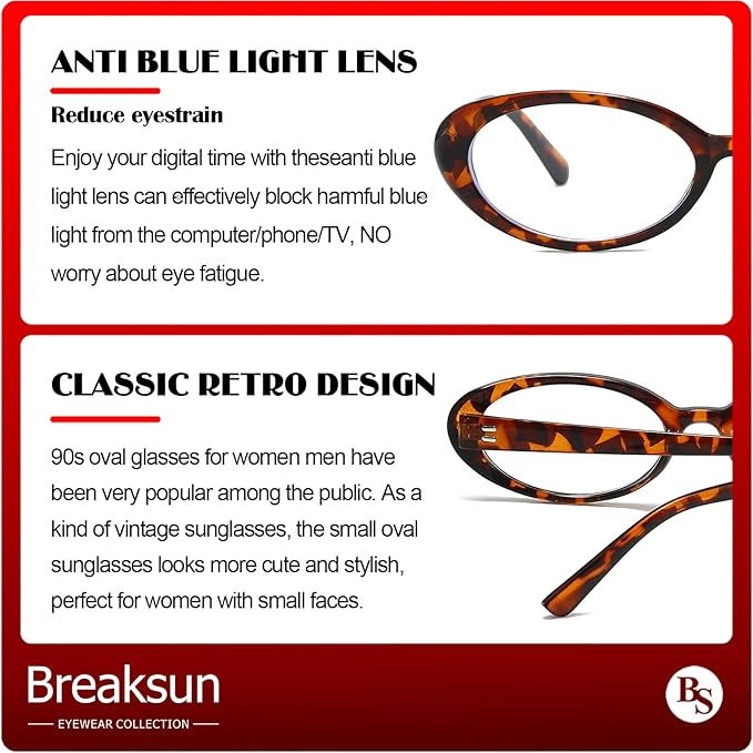 Breaksun Retro Oval Sunglasses for Women Men Fashion Small Oval Sunglasses 90s Vintage Shades