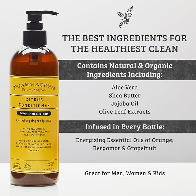 Pharmacopia Citrus Conditioner - Natural Scalp Moisturizer, Vegan & Cruelty-Free Hair Care with Shea Butter, Aloe Vera, Jojoba Oil, and Olive Leaf Extract for Dry Hair Treatment and Detangling, 16 oz
