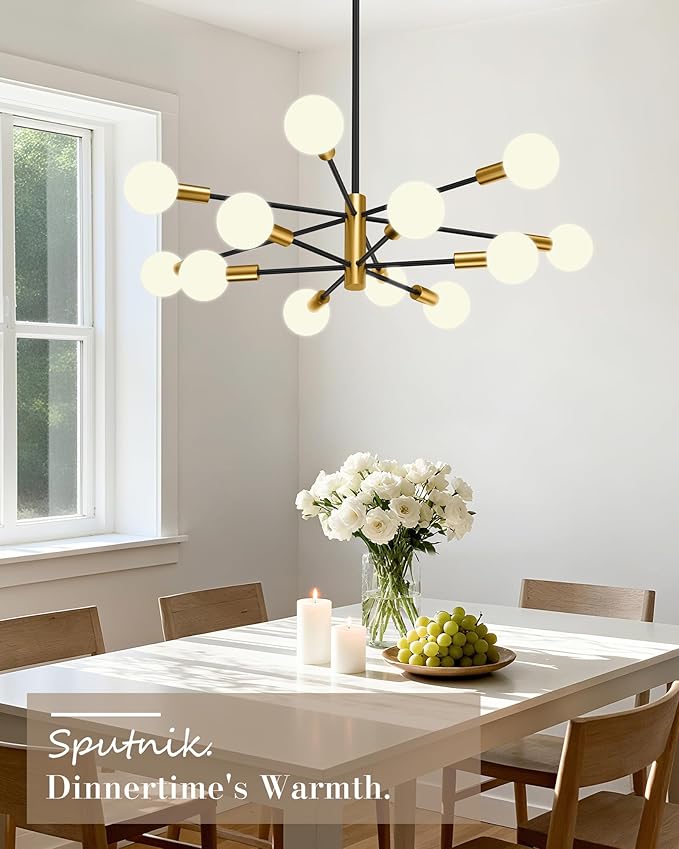 Modern Chandelier, 12-Light Sputnik Ceiling Light Fixture, Mid Century Height Adjustable Sputnik Chandeliers for Dining Room, Kitchen Island, Living Room, Bedroom - Black and Gold