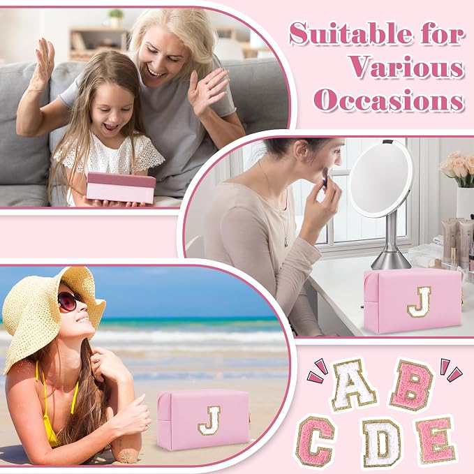Personalized Initial A-Z Preppy Patch Makeup Bag,Small PU Chenille Letter Cosmetic Bag with Zipper for Teen Girls,Pink Cute Toiletry Organizer Bag,Monogram Makeup Case Gift for Women Girls,Letter J