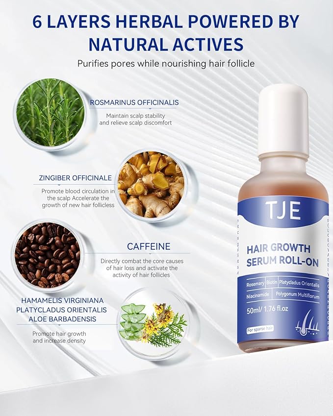 Hair Growth Serum Roll On 50ml | Hair Growth Serum 3% Rosemary Extract + Caffeine + Niacinamide + Biotin | With Ginger & Aloe Vera | No-Rinse, Fast-Absorbing | For Thinning Hair & All Hair Types