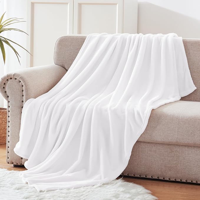 Exclusivo Mezcla Soft Fleece Throw Blanket for Couch, Pure White | 50x60 Inches, Double-Sided Brushed Flannel, Lightweight Plush Cozy Blanket for Home Decor, All Season, Machine Washable