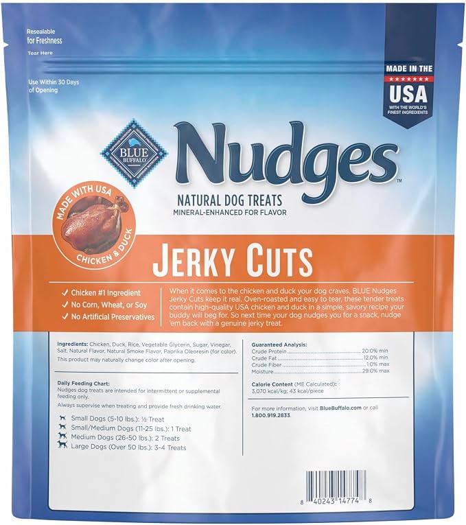 Blue Buffalo Nudges Jerky Cuts Dog Treats, Made in the USA with Natural Ingredients, Chicken & Duck, 36-oz Bag (Pack of 3)