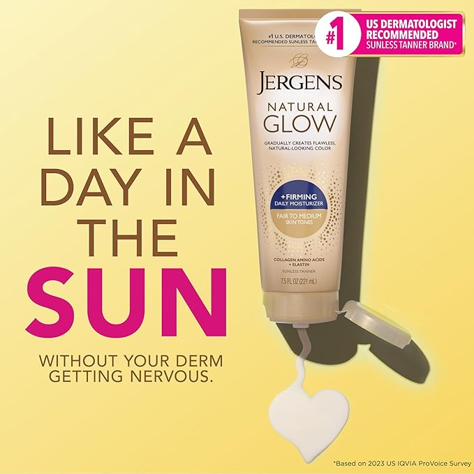 Jergens Natural Glow +Firming Self Tanner Body Lotion, Fair to Medium Skin Tone, Sunless Tanning Moisturizer with Collagen and Elastin. Helps to Visibly Reduce Cellulite, 7.5 Fl Oz (Pack of 2)