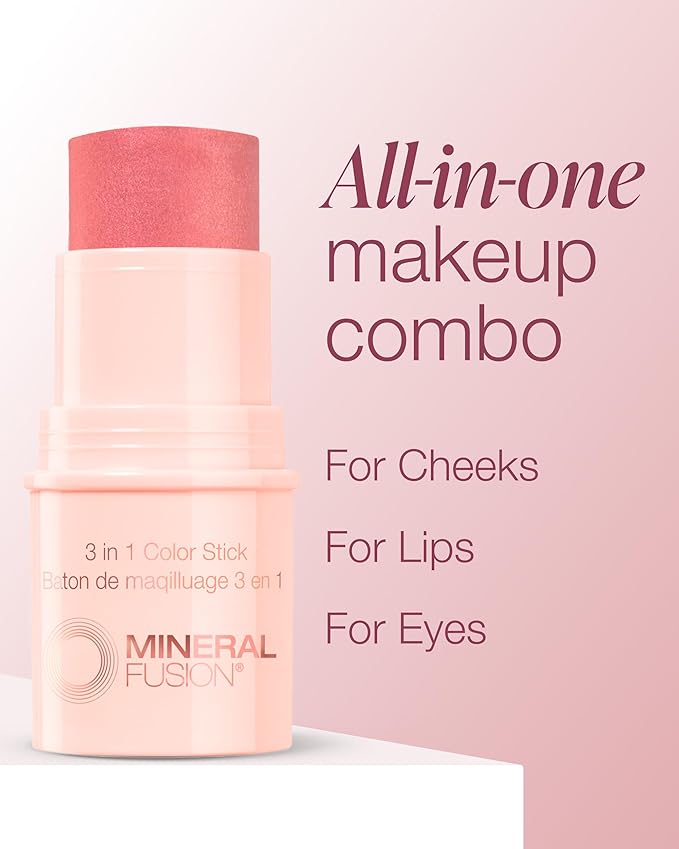 Mineral Fusion 3-in-1 Color Stick - Hydrating Cream Blush Tint for Cheek, Lip and Eye - Natural Multi Use Makeup (Rosette)