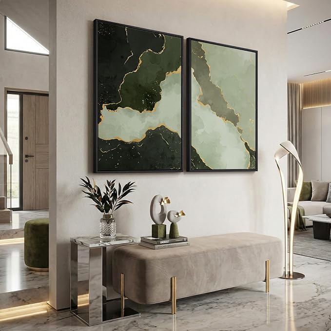 Large Framed Green Abstract Wall Art Set of 2, Modern Canvas Prints Paintings for Walls, Minimalist Sage Green and Gold Abstract Pictures for Living Room Dining Bedroom Hallway Wall Decor 24x36 In