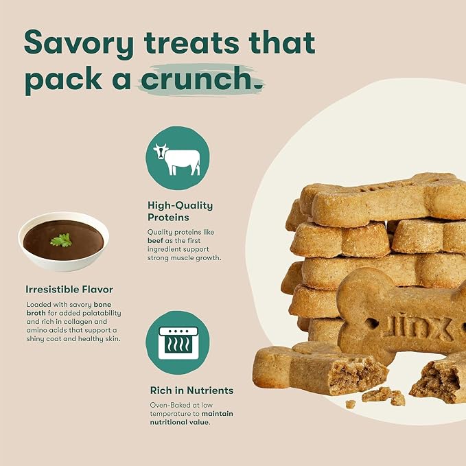 Jinx Dog Biscuits, Oven-Baked Dog Treats with Beef Bone Broth, 16oz | 2-Pack Crunchy & Healthy Dog Treat, Superfood-Rich with Real Grass Fed Beef, Dog Cookies for Puppies, Adults & Senior Dogs