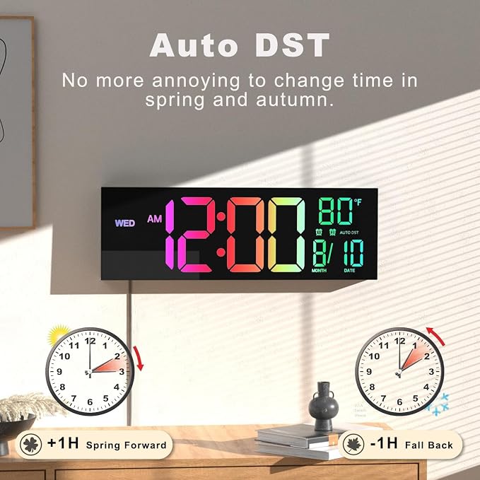 JALL 13" Large Digital Wall Mount Clock, Count Down Timer, Alarm, Big LED, 8 RGB Color, DST, Temperature for Living Room Classroom Desk, Xmas, Birthday Gift for Senior Mom Dad, Blue