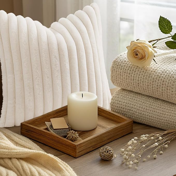 decorUhome Fall Faux Fur Throw Pillow Covers 12x12 Set of 2 Cream White | Decorative Soft Cozy Striped Plush Modern Farmhouse Boho Couch Pillow Cases Velvet Back for Sofa Bed Living Room Home Decor