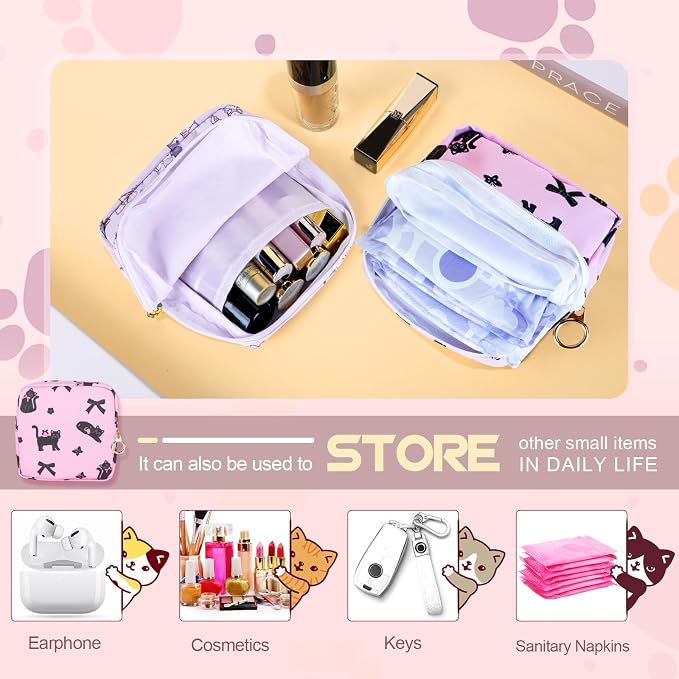 Likesing Tampon Holder for Purse, Canvas Period Bag Sanitary Napkin Storage Bag for Girls Womens, Portable Feminine Emergency Pad Period Pouch(Teacup White Cat)