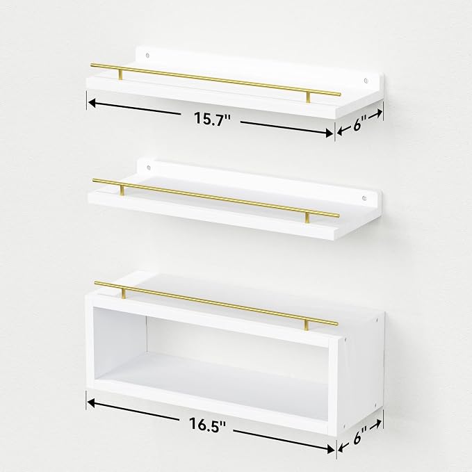 Floating Shelves for Wall with Cube Shelf, Wall Shelves with Metal Rail for Decor, Bathroom Organizers and Storage, Over Toilet Shelves for Bathroom, Toilet Paper-White&Gold