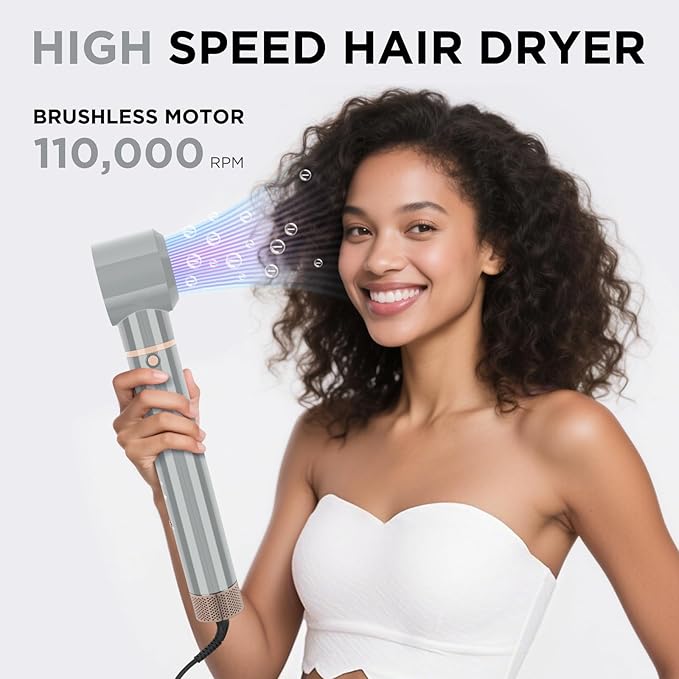 6-in-1 Hair Dryer Brush, 110,000 RPM High Speed Hair Dryer with Air Straightener, 28mm AUTO Curlers, IG INGLAM MegaAIR 2.0 Multi-Styler Set Volumizing and Shape, Gray