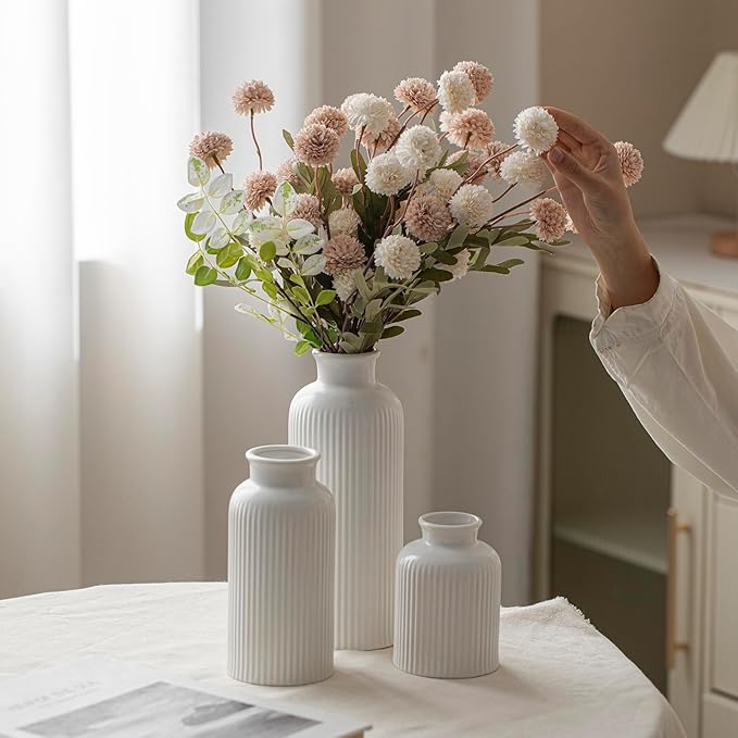 Large Modern Ceramic Vase Set, White Ribbed Matte Design, 10 Inch Tall, 4 Inch Width, 3-Piece Decorative Vases for Home, Living Room, Office (XL Matte Glaze White)
