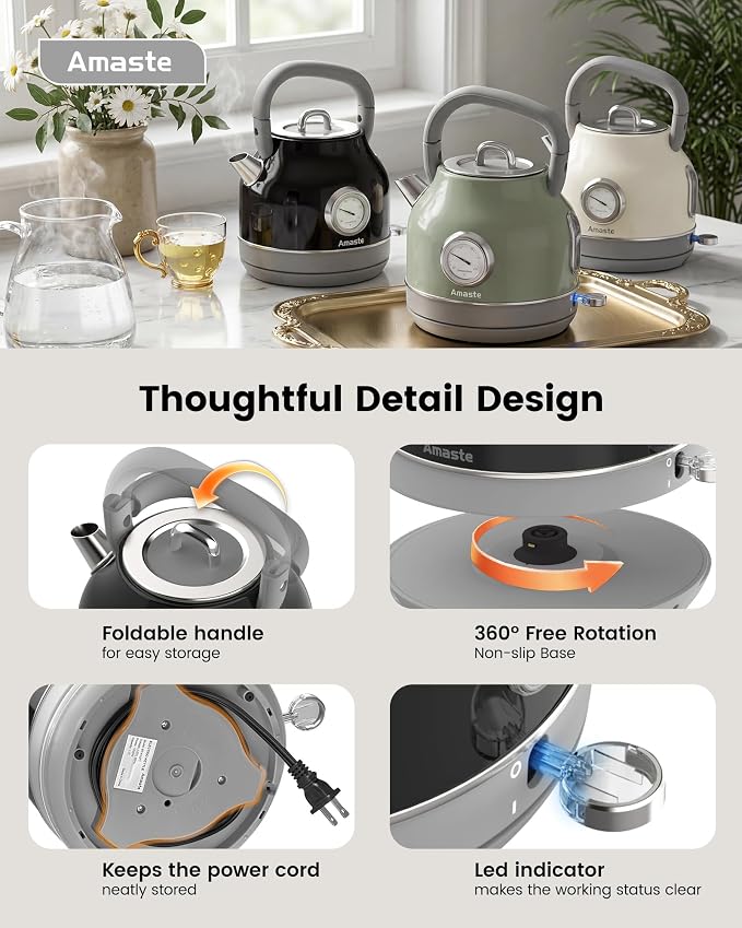 Amaste Electric Kettle, Retro Electric Tea Kettle With Thermometer, 57 Oz Hot Water Kettle For Coffee & Tea, 304 Stainless Steel, 1500w Fast Boiling, Auto Shut-Off & Boil Dry Protection, Black