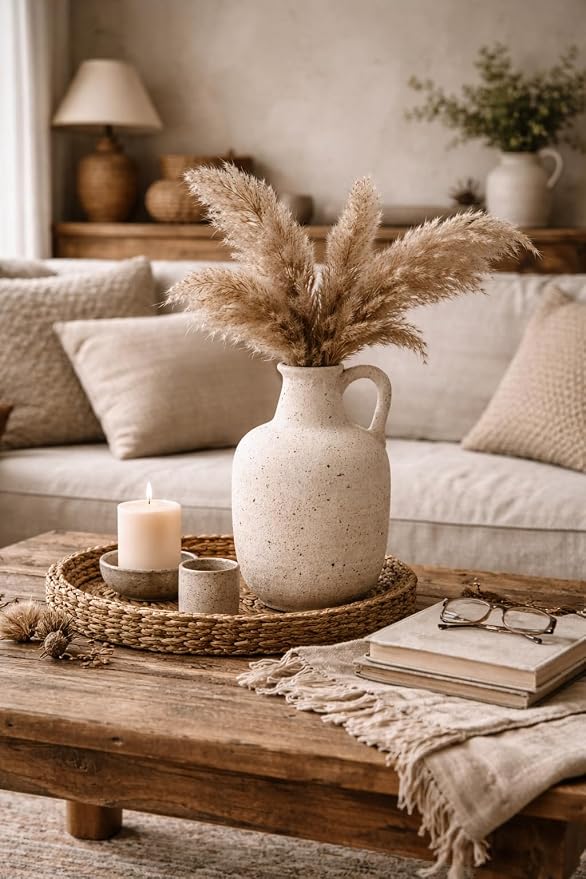 SIDUCAL Rustic Ceramic Farmhouse Flower Vase with 1 Handle-Height 8.43" Terracotta Vase, Unique Textured Pottery Flower Vases for Home Decor, Table, Wedding, Living Room, Shelf Decor, Speckled White