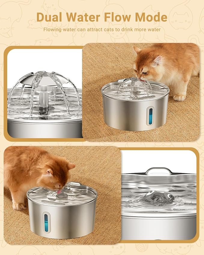 Cat Water Fountain Stainless Steel - 108oz/3.2L Automatic Large Pet Watering Bowl Dispenser for Indoor Cats - Drinking Fountains with 3 Filter for Dogs and Kitty - Outdoor Dog Waterer Bowls No Spill