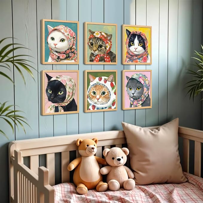 Funny Cat Poster Set of 6, Whimsical Babushka Cats Wall Art Eclectic Lover Cat Pictures Decor, Quirky Animal Pictures Canvas Painting Prints Aesthetic for Bedroom Living Room 12x16 inch Unframed