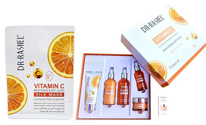 Dr Rashel Vitamin C Skin Care Series , Contains Hyaluronic Acid, Anti Aging and Collagen Essence ( Pack Of 5 Piece Set ) + 1 Pcs of Vitamin C Silk Mask