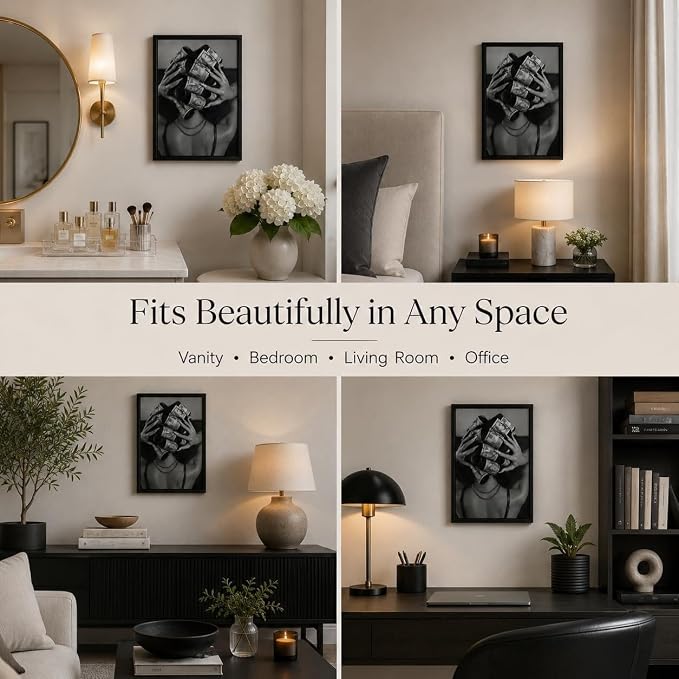 Framed Black and White Fashion Canvas Wall Art Luxury Feminist Picture Wall Decor Trendy Woman with Money on Head Poster Print for Girls Bedroom Apartment Dorm Bar Cart Home Decoration 12x16in