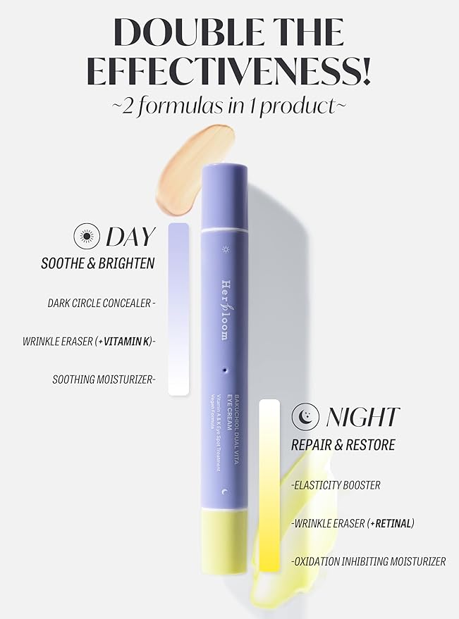 HERBLOOM Bakuchiol Night Care Eye Cream | Bakuchiol Dual Vita with Tinted Day Concealer | Korean EyeCream for Dark Circles Fine Lines 0.54 Fl Oz