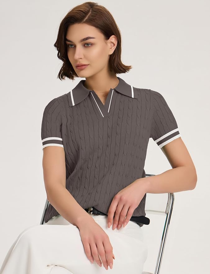 Micoson Womens Short Sleeve Sweater Tops Lapel V Neck Polo Shirts 2026 | Summer Cable Knit Loose Blouses, Business Casual Outfits
