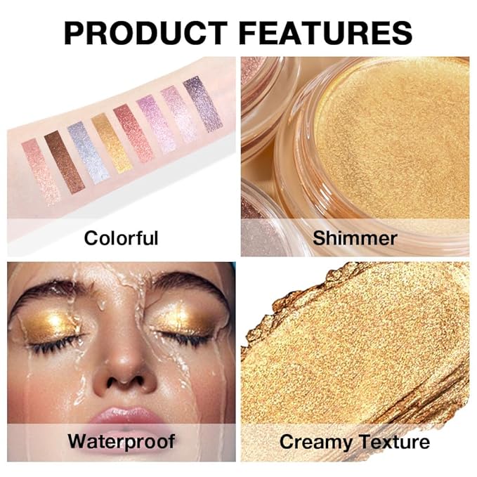Honey Gold Shimmer Cream Eyeshadow – Metallic Gold Eye Shadow Pot, High Reflective Glitter Pearl Shade, Waterproof Long-Lasting Crease-Proof Single Eyeshadow for Festival, Holiday & Glam Eye Makeup 5