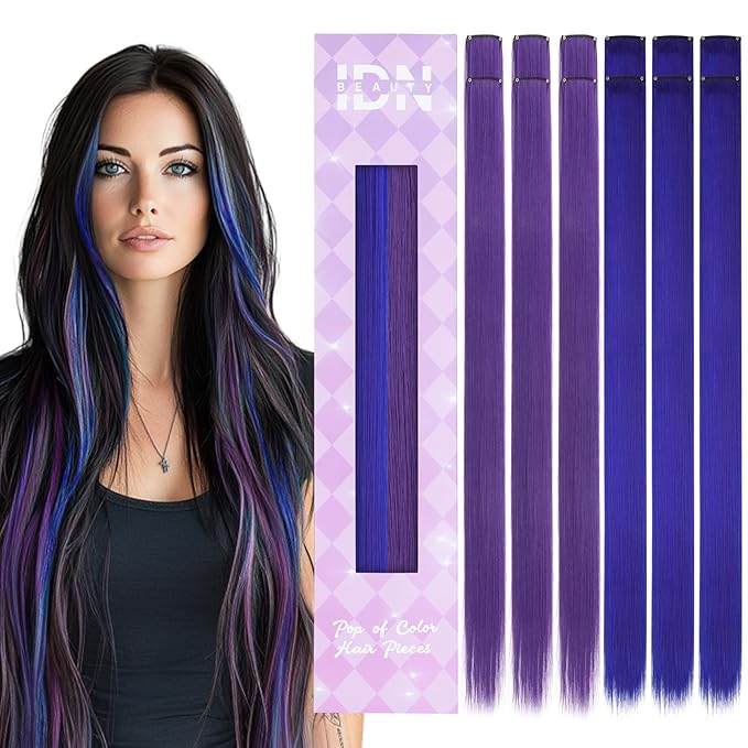 IDN BEAUTY Colored Clip in Hair Extension, 12PCS Blue Deep Purple 24Inch Multicolored Synthetic Hair Pieces for Women, Hair Accessories for Party Cosplay Travel Birthday