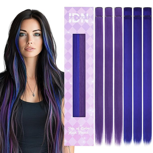 IDN BEAUTY Colored Clip in Hair Extension, 12PCS Blue Deep Purple 24Inch Multicolored Synthetic Hair Pieces for Women, Hair Accessories for Party Cosplay Travel Birthday