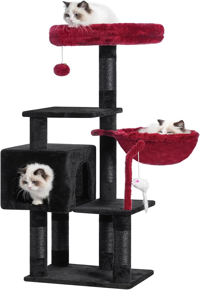 Heybly Cat Tree with Toy, 43.3 inch Cat Tower for Indoor Cats HCT004SBR | Cat Condo with Durable Sisal Scratching Posts, Cat House with Padded Plush Perch, Cozy Hammock, Black and Red