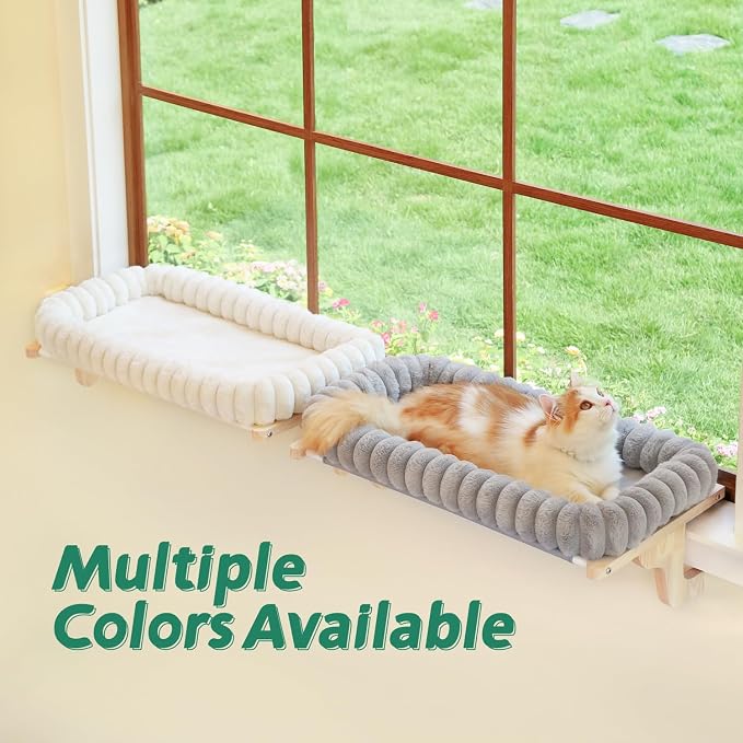Zakkart SnugCloud Cat Window Perch with 4-Sided Bolster - Large Cat Hammock for Window Sill - Solid Hardwood & Metal Frame - Window Seat for Pets (Natural Color Wood w/White Bed, Large)