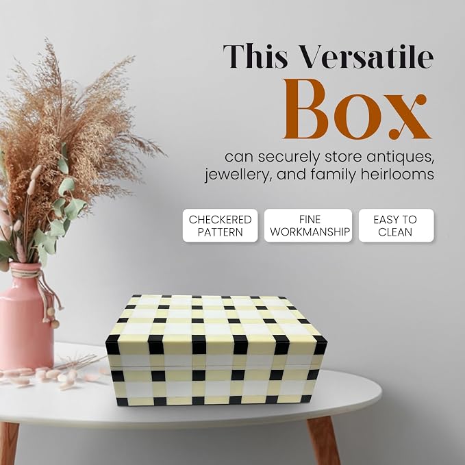 Perilla Home Home Decor Decorative Storage Wooden Box Small Ikigai Organizer Stash Craft Trinket Memory Keepsake Jewelry Box, for Men and Women, Gifts For All Black Light Yellow and off white (Cato)