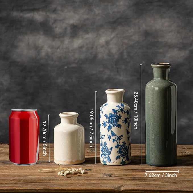3Pcs Vintage Blue White Floral Ceramic Vase Set, Chinoiserie Farmhouse Decor Vases for Home Table Kitchen Living Room