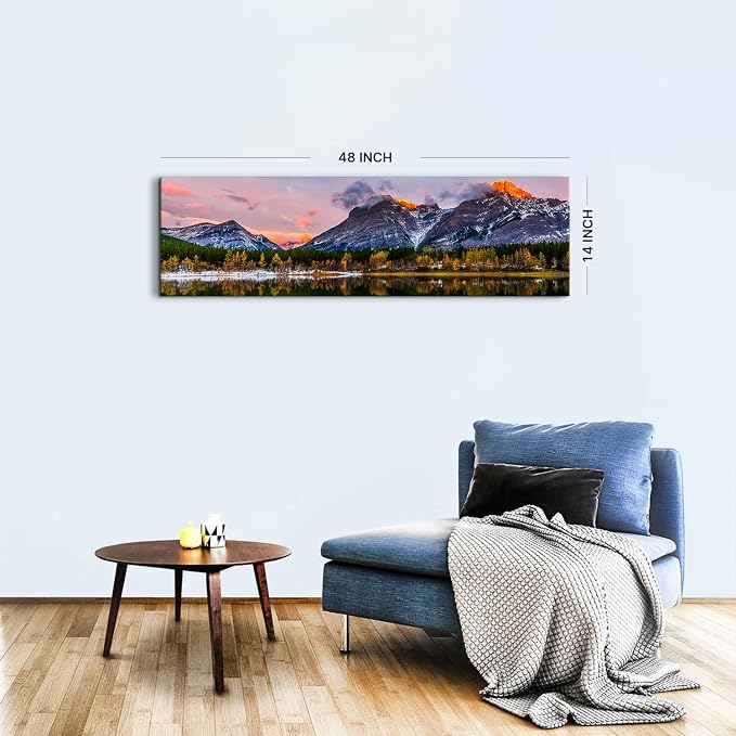Sunset Landscape Canvas Wall Art for Living Room Wall Decor Snow Mountain Forest River Nature National Park Scenery Picture Prints Framed Artwork for Bedroom Bathroom Office Home Decoration 14x48"