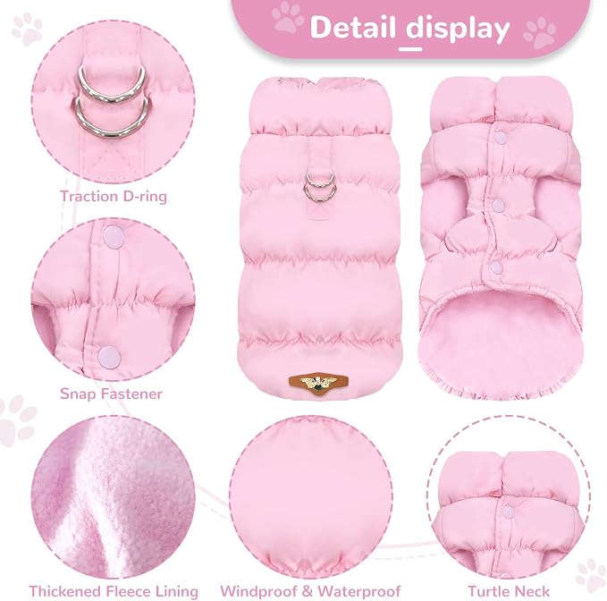 ABRRLO Winter Warm Dog Jacket for Small Medium Dogs Cat Cold Weather Coats with Harness Paded Dogs Fleece Vest Waterproof Windproof Dog Snow Jacket Pet Puppy Clothes (Pink,XXL)