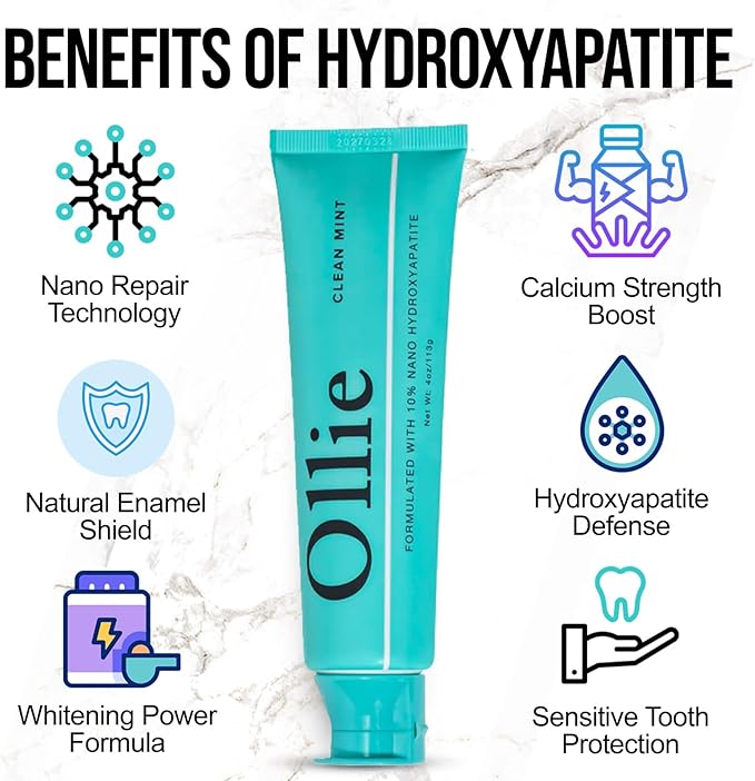 Ollie Fluoride Free 10% Nano Hydroxyapatite Toothpaste for Remineralizing Enamel, Sensitive Teeth & Whitening, Clean Mint 4oz (Pack of 1)