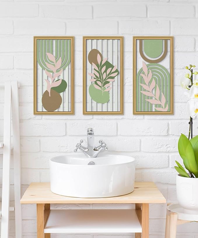 Putuo Decor Boho Abstract Wall Art Set of 3, Modern Geometric Botanical Wooden Wall Decor, Mid-Century Minimalist Framed Artwork, Warm Toned Aesthetic Prints for Living Room, Bedroom, Office