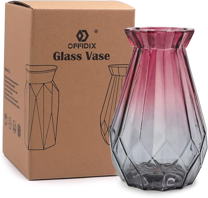 Glass Vase Gradient Multicolor with Geometric Faceted Design Floral Vase for Weddings, Events, Decorating, Arrangements, Flowers, Office, or Home Decor