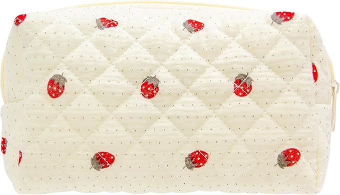 PAZIMIIK Small Quilted Makeup Bag,Zipper Cosmetic Pouch,Gauze Strawberry | Lightweight Cosmetic Bag Organizer for Women,Purse Storage Holds Makeup,Toiletries,Skincare,Beauty Essentials,Travel Items