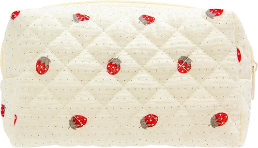 PAZIMIIK Small Quilted Makeup Bag,Zipper Cosmetic Pouch,Gauze Strawberry | Lightweight Cosmetic Bag Organizer for Women,Purse Storage Holds Makeup,Toiletries,Skincare,Beauty Essentials,Travel Items