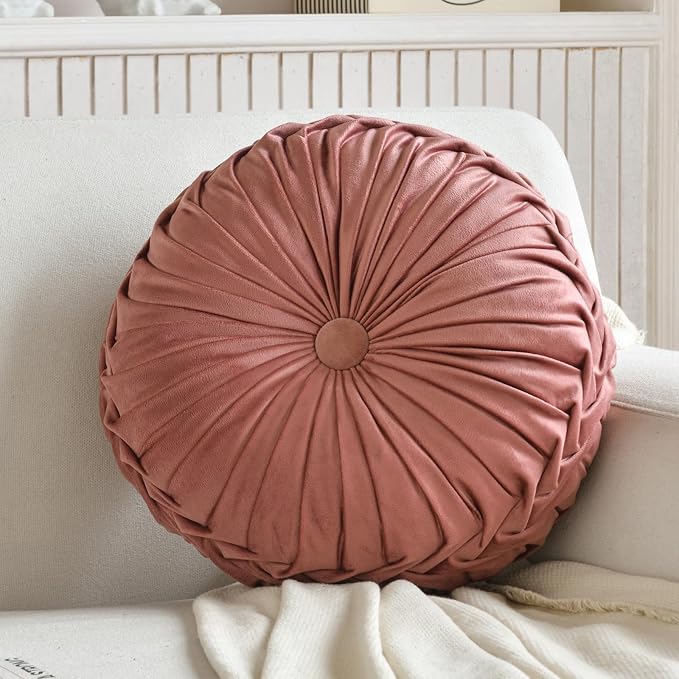 Teieas Round Throw Pillow Velvet Home Decoration Pleated Round Pillow Blush | Round velvet decor throw pillow,soft boho circle pillow cushion,for couch,chair,bed,car,sofa
