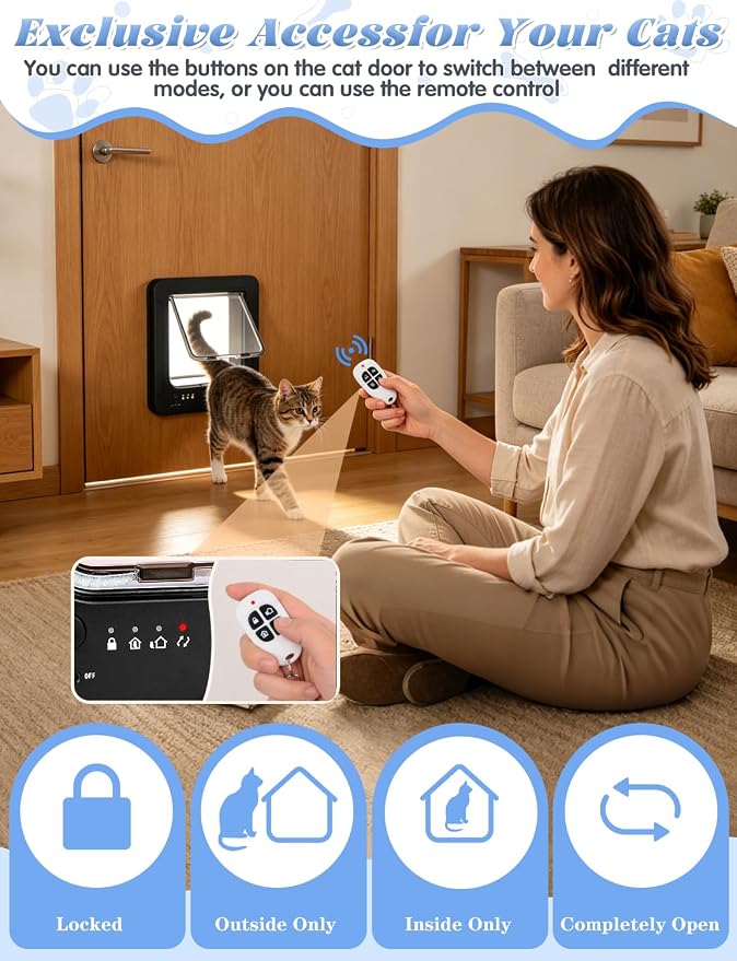 Smart Cat Door with 3 Collar Sensor Key, RFID Cat Door Collar Activated with Remote Control, 4 Way Locking Cat Flap Automatic Pet Door Interior & Exterior, Flap Opening is 7.67’’ (H) by 7'' (W)