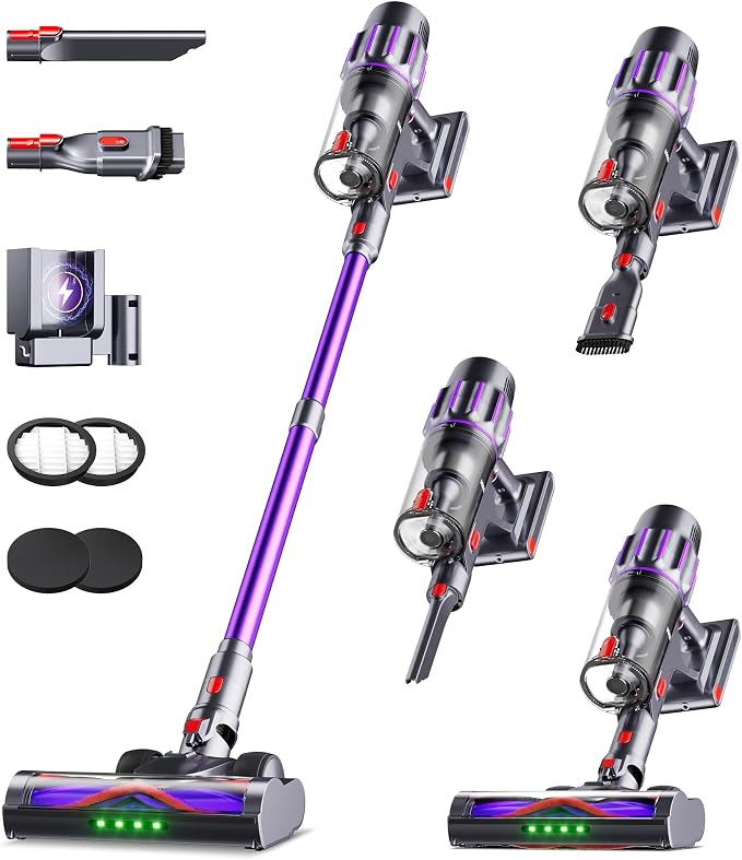 90Mins Cordless Vacuum Cleaner,Upgraded 650W 55KPA Cordless Stick Vacuum with Smart Display,1.8L Cup,V-Shaped Anti-Tangle Brush,Wall Mount Charging,Self-Standing Vacuum Cleaners for Home,Floor,Carpet
