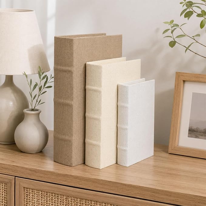 Decorative Book Boxes Set of 3, Linen Storage, 13" | Living Room Decor, Bedroom Decor, Office Decor, Bookshelf Display, Coffee Table, Farmhouse, Rustic, Vintage Style