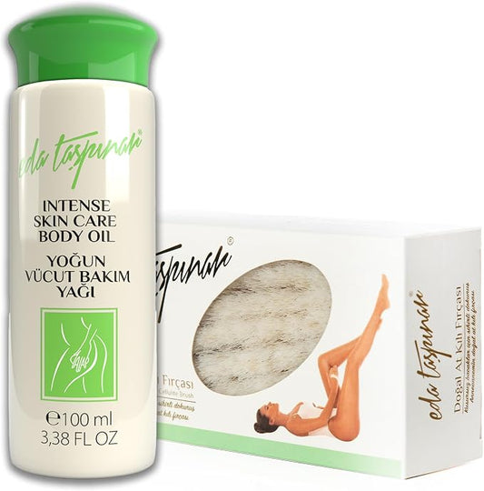 Eda Taşpınar Cellulite Minimizing Body System | Firming Massage Oil + Natural Dry Brushing Body Brush | Skin Smoothing Routine for Thighs, Belly & Butt | Non Greasy Hydrating Oil