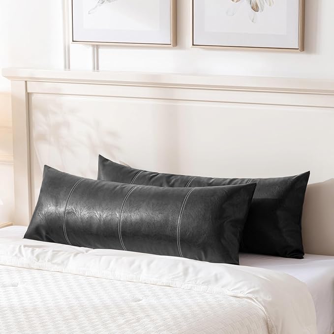Fancy Homi Black Boho Long Lumbar Faux Leather Decorative Throw Pillow Covers 14x36 Inch for Living Room Couch Bed Sofa, Hand Stitched Rectangle Cushion Case, Rustic Modern Farmhouse Home Decor