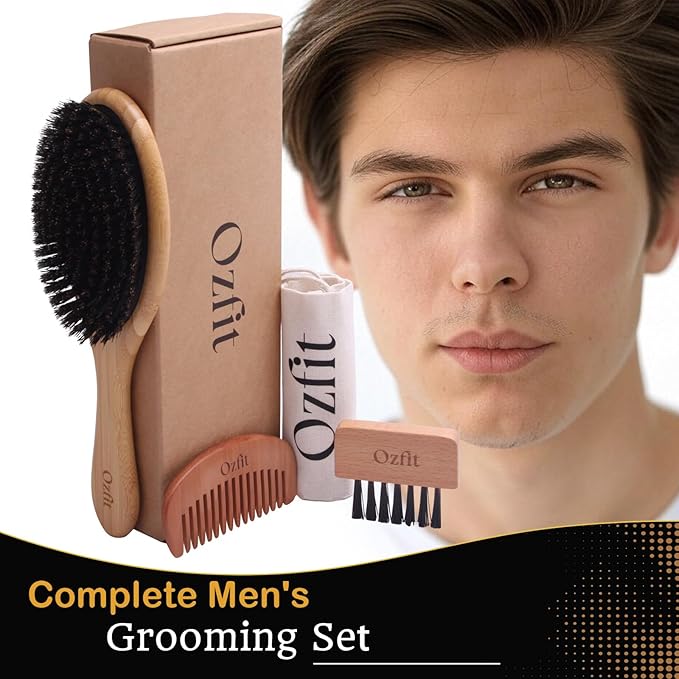 OZFIT 100% Boar Bristle Hair Brush - Natural Bamboo Hair Brush for Men & Women, Promotes Hair Growth, Includes Travel Bag & Cleaner