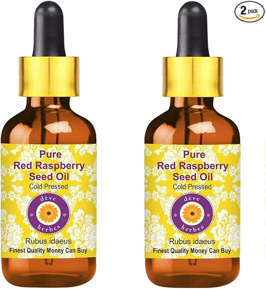 Deve Herbes Pure Red Raspberry Seed Oil (Rubus idaeus) with Glass Dropper Cold Pressed (Pack of Two) 100ml X 2 (6.76 oz)
