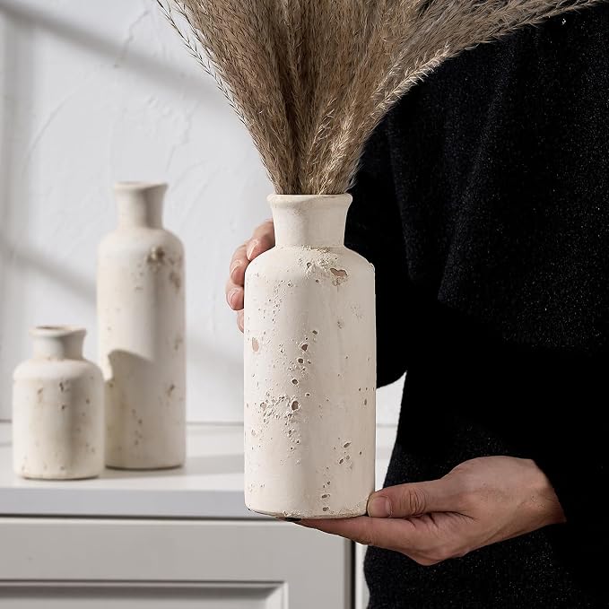 SIDUCAL Ceramic Rustic Farmhouse Vase Set of 3 | Whitewashed Terracotta Vase, Clay Decorative Vases for Home Decor, Living Room, Shelf, Mantel Decoration(Rustic White)